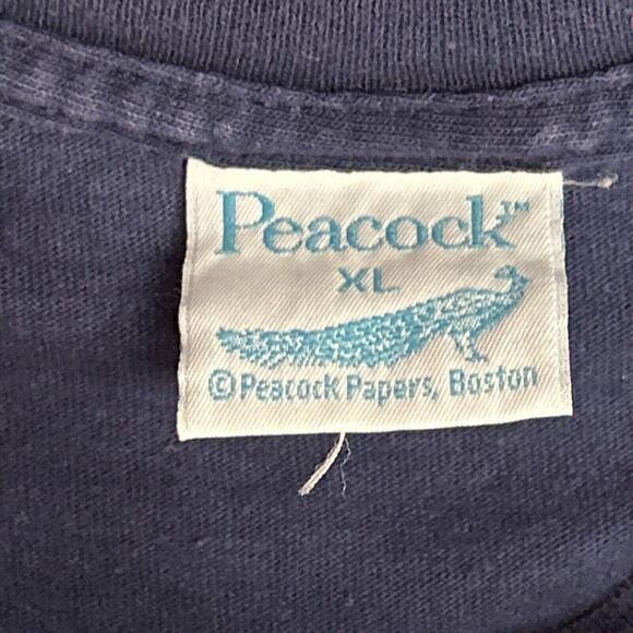 VTG Mens XL T-Shirt Peacock Papers Retired Graphic Single Stitch Tee Navy Blue - Picture 3 of 8